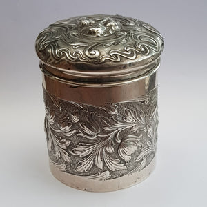 Superb Sterling Silver Cherub And Floral Repousse Drum Shaped Box Antique Edwardian circa 1904