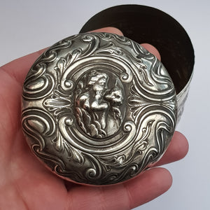 Superb Sterling Silver Cherub And Floral Repousse Drum Shaped Box Antique Edwardian circa 1904