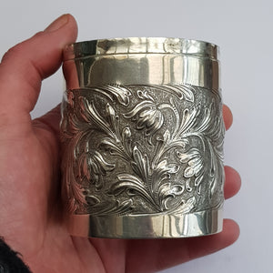 Superb Sterling Silver Cherub And Floral Repousse Drum Shaped Box Antique Edwardian circa 1904