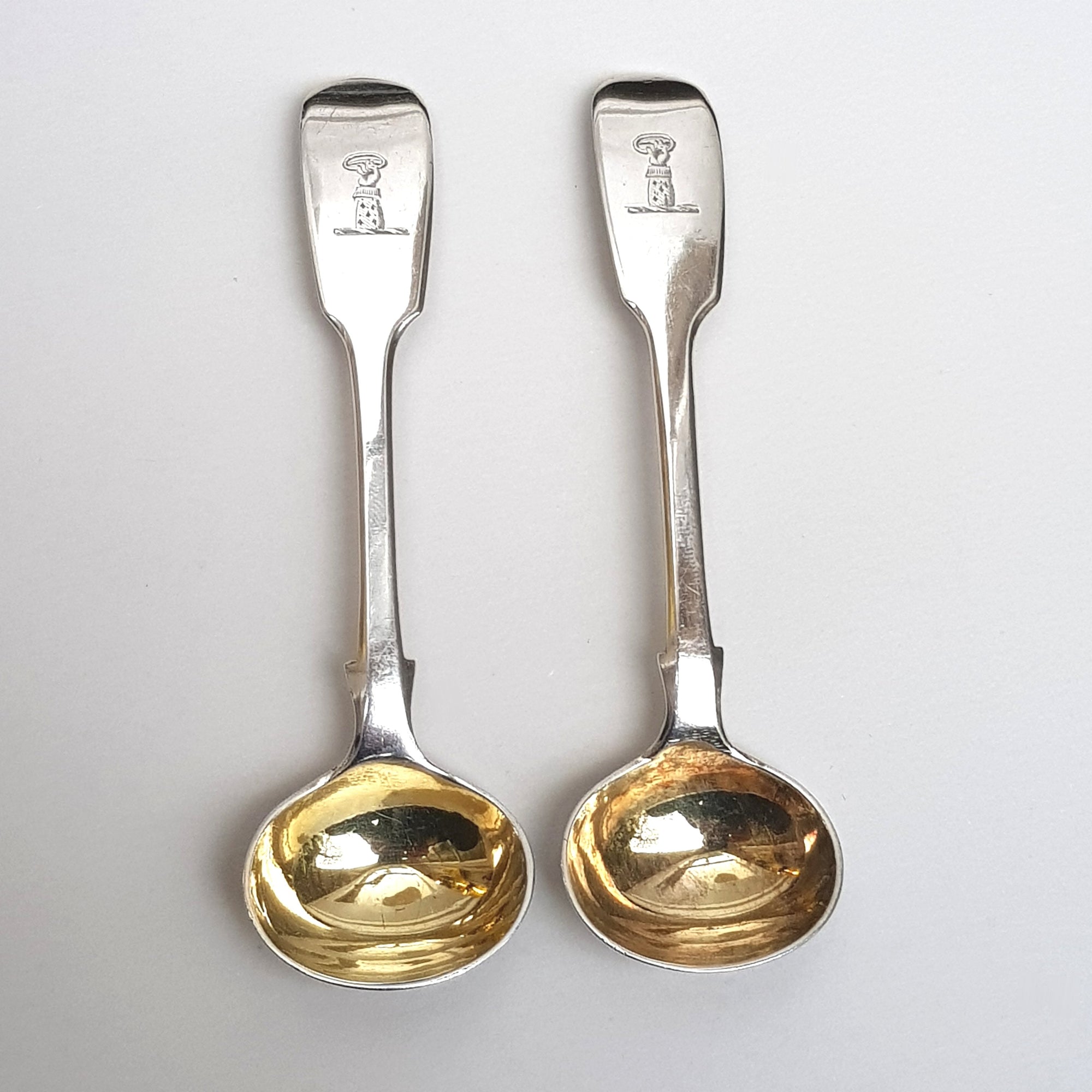 Sterling Silver Matched Pair Of Sterling Silver Crested Mustard Spoons Antique William IV Regency circa 1837