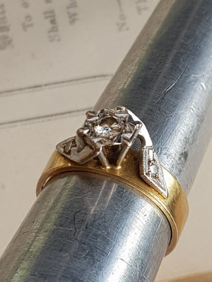 18k Gold Art Deco Style Diamond Ring Size U.K L 1/2 Vintage circa 1960's