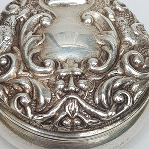 Sterling Silver Repousse Pagan Green Man And Floral Trinket Pill Box Vintage Birmingham Circa 1987