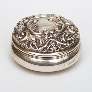 Sterling Silver Repousse Pagan Green Man And Floral Trinket Pill Box Vintage Birmingham Circa 1987