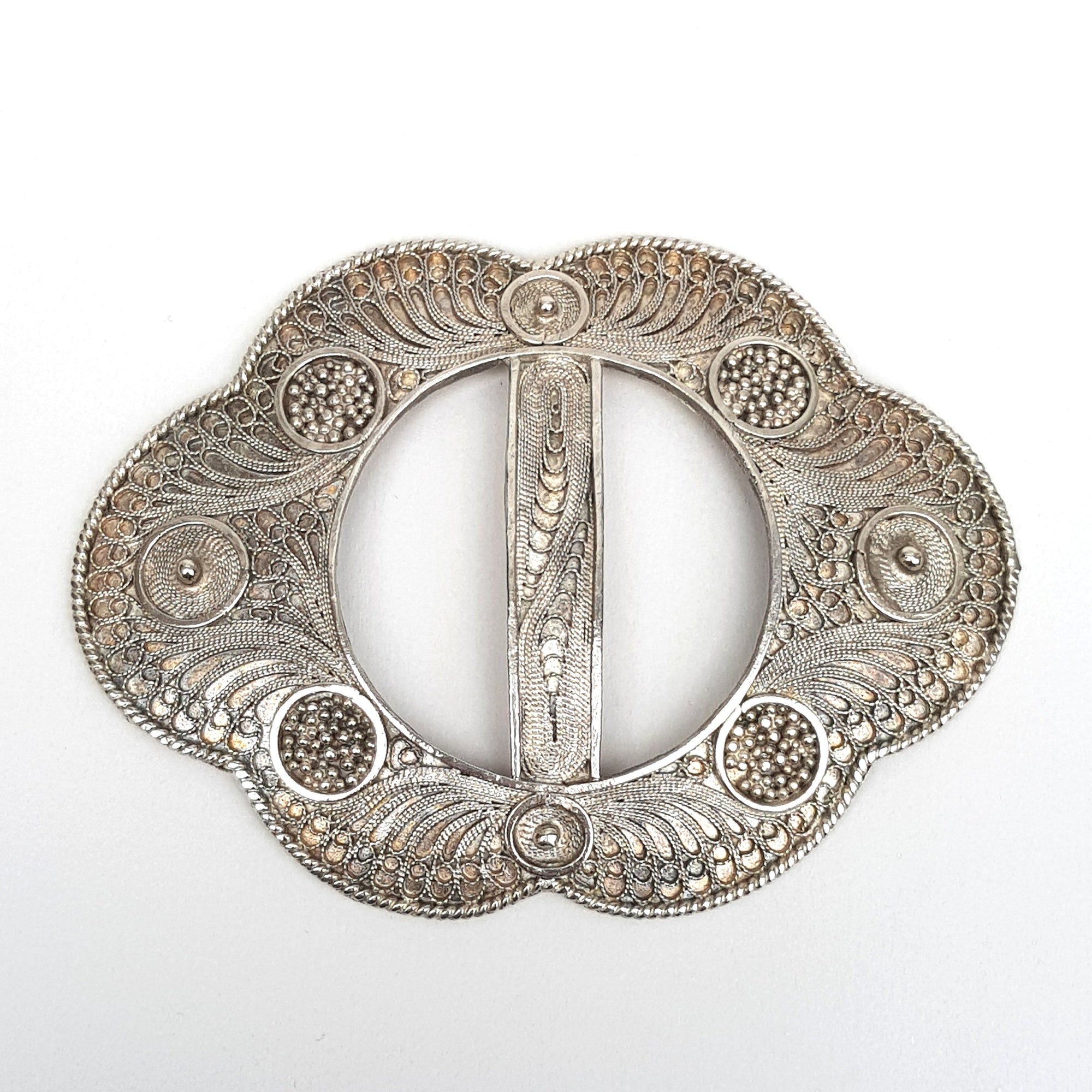 Continental Solid Silver Ornate belt Buckle With Applied Filigree Vintage Circa 1950's