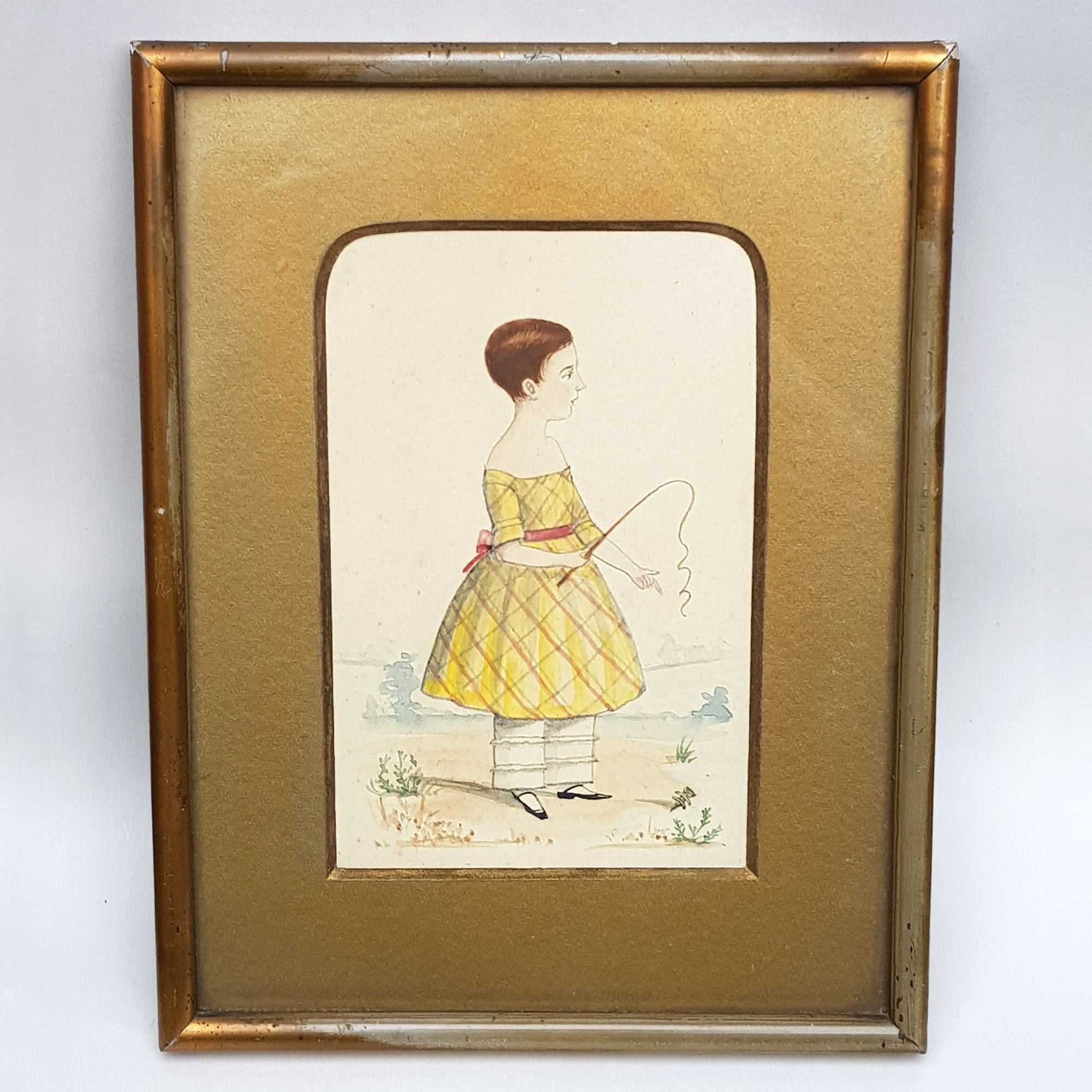 Superb Primitive Water Colour Painting Of A Young Girl With A Pony Crop Antique Georgian Named circa 1800