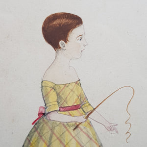 Superb Primitive Water Colour Painting Of A Young Girl With A Pony Crop Antique Georgian Named circa 1800