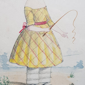 Superb Primitive Water Colour Painting Of A Young Girl With A Pony Crop Antique Georgian Named circa 1800