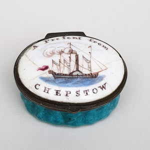 Rare Enamel Patch Box A Present From Chepstow Hand Painted Paddle Steamer Ship Antique Georgian circa 1800