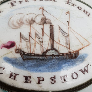 Rare Enamel Patch Box A Present From Chepstow Hand Painted Paddle Steamer Ship Antique Georgian circa 1800