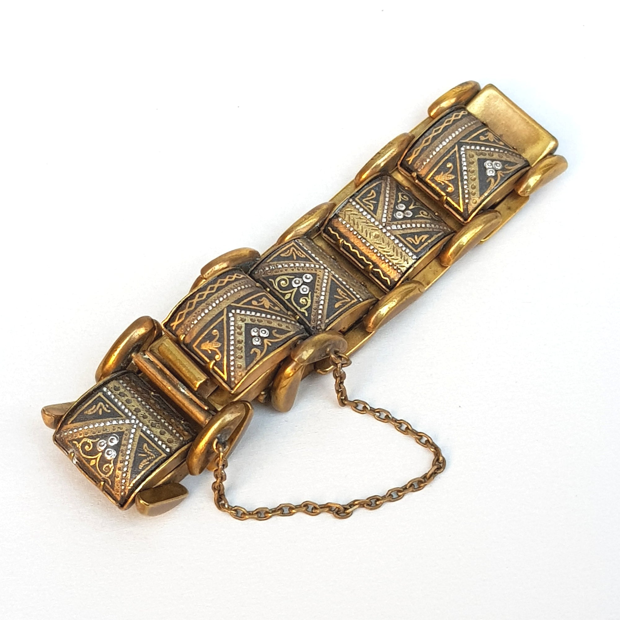 Egyptian Gilt Metal Panel Bracelet With Gold Silver And Niello Work Pyramids Art Deco Vintage circa 1930