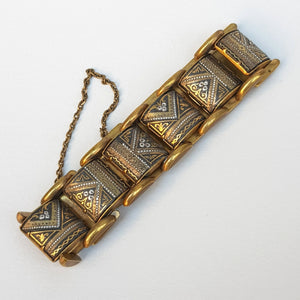 Egyptian Gilt Metal Panel Bracelet With Gold Silver And Niello Work Pyramids Art Deco Vintage circa 1930