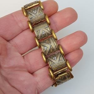 Egyptian Gilt Metal Panel Bracelet With Gold Silver And Niello Work Pyramids Art Deco Vintage circa 1930