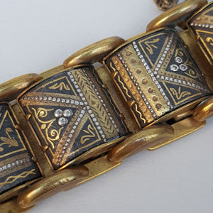 Egyptian Gilt Metal Panel Bracelet With Gold Silver And Niello Work Pyramids Art Deco Vintage circa 1930