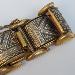 Egyptian Gilt Metal Panel Bracelet With Gold Silver And Niello Work Pyramids Art Deco Vintage circa 1930