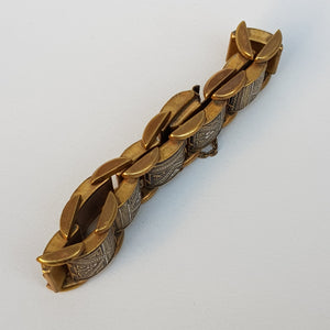 Egyptian Gilt Metal Panel Bracelet With Gold Silver And Niello Work Pyramids Art Deco Vintage circa 1930