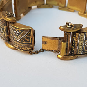 Egyptian Gilt Metal Panel Bracelet With Gold Silver And Niello Work Pyramids Art Deco Vintage circa 1930