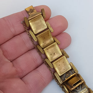 Egyptian Gilt Metal Panel Bracelet With Gold Silver And Niello Work Pyramids Art Deco Vintage circa 1930