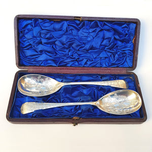 Sterling Silver Pair Of Floral Engraved Confiture Spoons In Leather Case Antique Victorian Sheffield Circa 1899