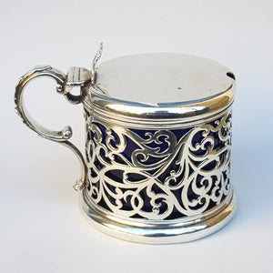 Sterling Silver Heavy Gauge Large Sized Ornate Table Mustard Pot With Spoon Antique Victorian London Circa 1842