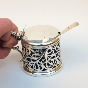 Sterling Silver Heavy Gauge Large Sized Ornate Table Mustard Pot With Spoon Antique Victorian London Circa 1842