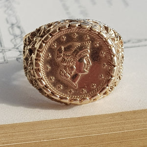 9k Gold Ring With 14k Gold 1 Taller Coin Setting Size UK M Vintage Birmingham circa 1978