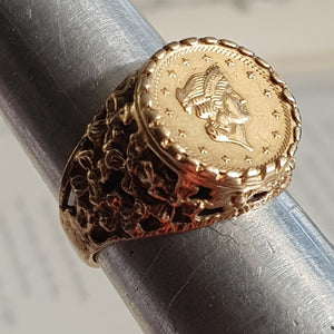 9k Gold Ring With 14k Gold 1 Taller Coin Setting Size UK M Vintage Birmingham circa 1978