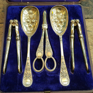 Silver Plated Nutcracker Berry Spoon Grape Scissor Set Antique Victorian Rd Marked circa 1879