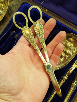 Silver Plated Nutcracker Berry Spoon Grape Scissor Set Antique Victorian Rd Marked circa 1879