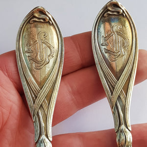 German Silver Art Nouveau Pair Of Orchid Detailed Table Spoons Antique c1900