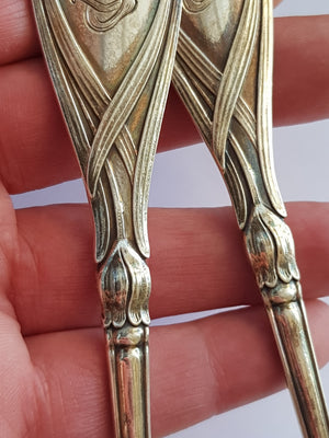 German Silver Art Nouveau Pair Of Orchid Detailed Table Spoons Antique c1900