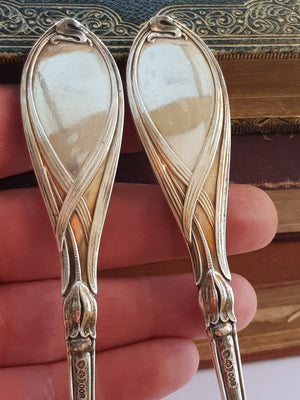 German Silver Art Nouveau Pair Of Orchid Detailed Table Spoons Antique c1900