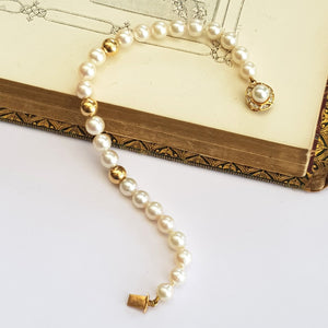 14k Gold & Pearl Beaded Bracelet With Diamond & Pearl Set Clasp Vintage Catherine Cockerell circa 1960's