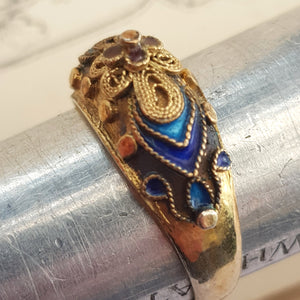 Sterling Silver Gilt Filigree Lustre Enamel Ring Size UK L 1/2 Antique circa 1920