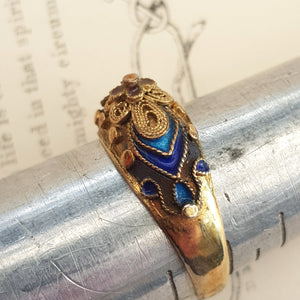 Sterling Silver Gilt Filigree Lustre Enamel Ring Size UK L 1/2 Antique circa 1920