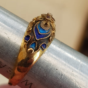 Sterling Silver Gilt Filigree Lustre Enamel Ring Size UK L 1/2 Antique circa 1920