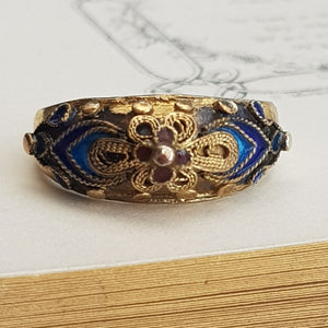 Sterling Silver Gilt Filigree Lustre Enamel Ring Size UK L 1/2 Antique circa 1920