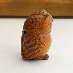 Japanese Hand Carved Fruitwood Netsuke Figure Of An Owl Antique Meiji circa 1880