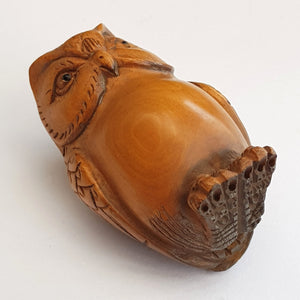 Japanese Hand Carved Fruitwood Netsuke Figure Of An Owl Antique Meiji circa 1880