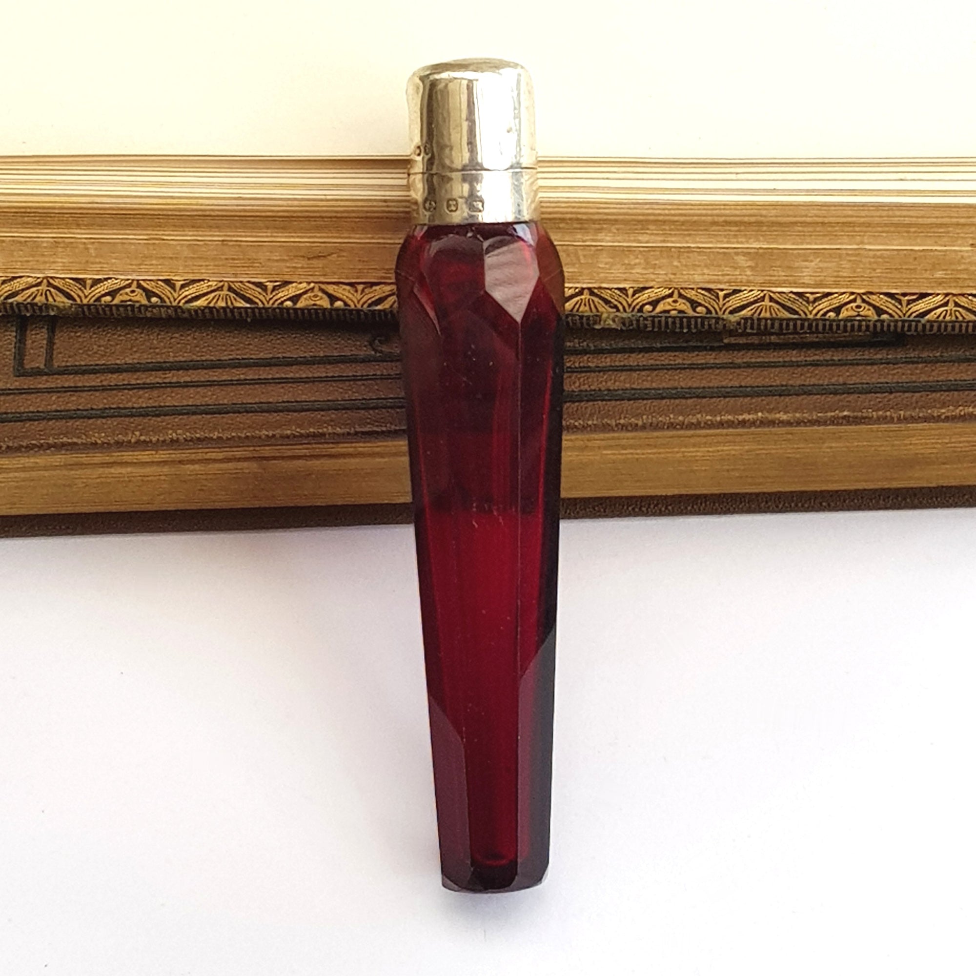 Superb Cut Ruby Glass Sterling Silver Mounted Scent Bottle Antique Birmingham circa 1897