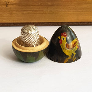 Hand Painted Wooden Egg Shaped Thimble Case With Sterling Silver Thimble Antique circa 1908