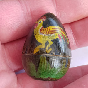 Hand Painted Wooden Egg Shaped Thimble Case With Sterling Silver Thimble Antique circa 1908