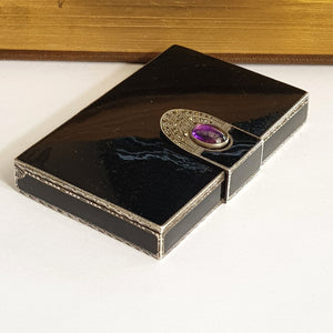 Sterling Silver/Enamel/Amethyst Cabochon Flappers Cigarette Case Vintage Art Deco London Import circa 1928