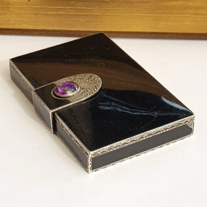 Sterling Silver/Enamel/Amethyst Cabochon Flappers Cigarette Case Vintage Art Deco London Import circa 1928