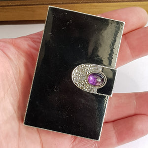 Sterling Silver/Enamel/Amethyst Cabochon Flappers Cigarette Case Vintage Art Deco London Import circa 1928