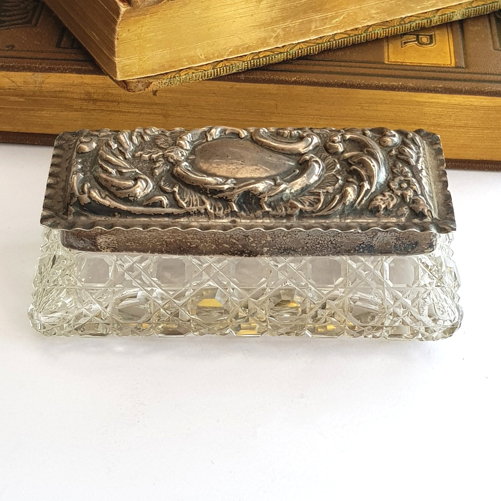 Sterling Silver Repousse Lidded Cut Glass Trinket Box Antique Birmingham circa 1900