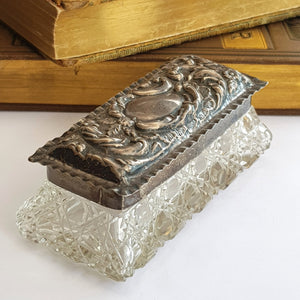Sterling Silver Repousse Lidded Cut Glass Trinket Box Antique Birmingham circa 1900