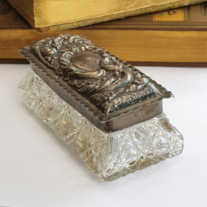 Sterling Silver Repousse Lidded Cut Glass Trinket Box Antique Birmingham circa 1900