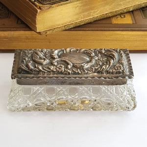 Sterling Silver Repousse Lidded Cut Glass Trinket Box Antique Birmingham circa 1900