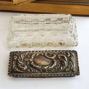 Sterling Silver Repousse Lidded Cut Glass Trinket Box Antique Birmingham circa 1900
