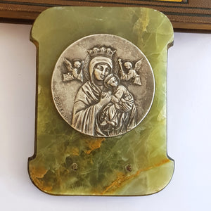 French Silver Plated Copper On Onyx Religious Icon Of Mary Antique circa 1920's